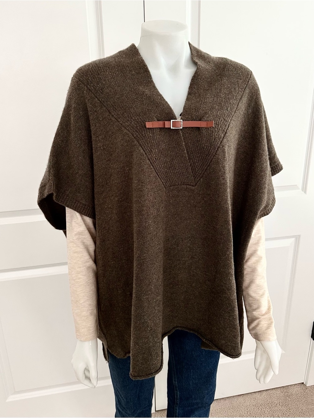 100% Cashmere Olive Green Fall Poncho Sweater With Faux Leather Buckle Detail
